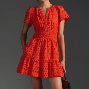 Cynthia Rowley The Somerset Short Sleeve Eyelet Mini Dress in Coral Orange NWT